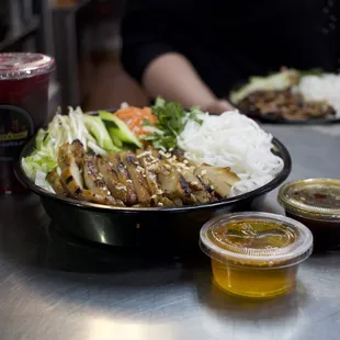 Chicken Noodle &amp; Salad Tray w/ all sides w/ choice of vinagrette or savory sauce. Handmade Pomegrante-Rasberry Tea pictured.