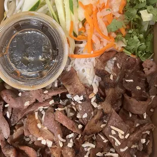 noodles, pork, with soy vinaigrette. Sooo good!!