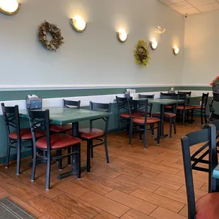 tables and chairs in a restaurant