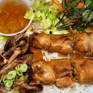 chicken skewers, rice, and vegetables