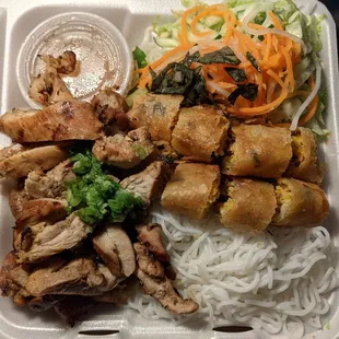 Bun noodles with chicken, lots of protein!