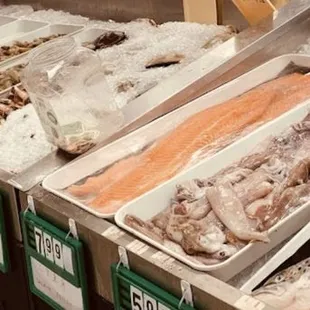 a variety of seafood on display