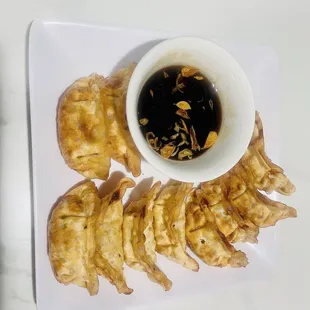 a plate of dumplings with dipping sauce