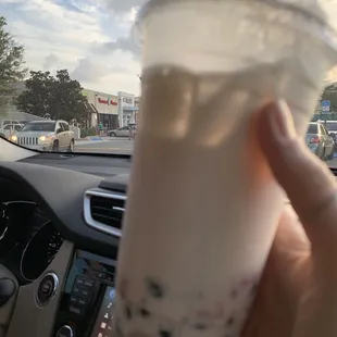 Coconut Milk Tea with Tapioca and Strawberry Popping Pearls