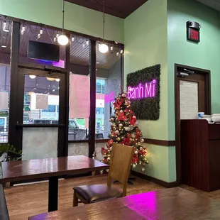 a christmas tree in a restaurant