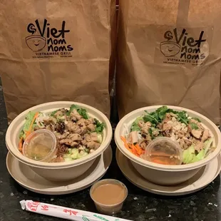 Chicken Vermicelli Bowl with a side of peanut sauce