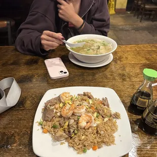 Fried rice and chicken egg noodle soup