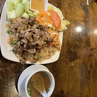 Pork and shrimp with fried rice and cup of broth