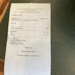 the receipt for the restaurant