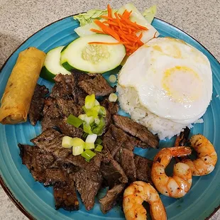 Charbroiled Beef, Egg Roll, Egg, and Shrimp.