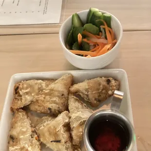 Taro Root Crispy Rolls with side of pickled veggies (cucumber, carrot &amp; daikon radish).