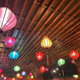 colorful lanterns hanging from the ceiling