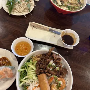 Spring rolls, seafood pho, noodle salad (with shrimps and pork)