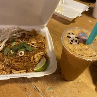 The chicken pad thai and a thai tea with boba