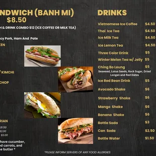 menu, sandwiches