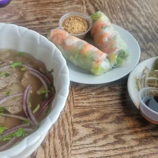 Beef pho, shrimp spring rolls.