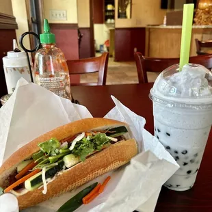 Pork &amp; ham bahn mi and taro bubble tea