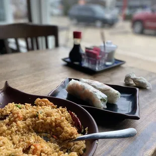 Crawfish Fried Rice and Shrimp Spring Rolls