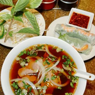 Pho tai and spring rolls