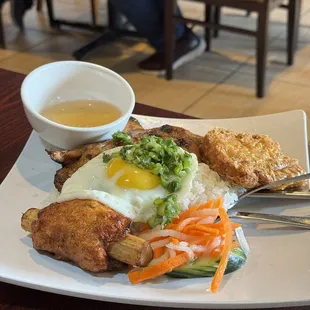 #49 Braken Rice w/ Grilled Park Chap, - Shrimp on Sugar Cane; Fried Egg, Deep Fried Bean Curd