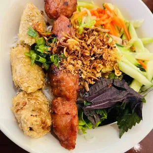 Bun nem nuong cha gio. Vermicelli noodle bowl with pork balls and egg roll. EXCELLENT