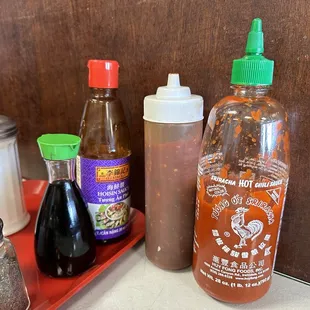 Sauces: Real Sriracha, Chili Paste, Hoisin Sauce and Soy Sauce