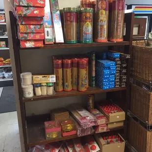 a shelf full of food items