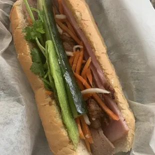Banh mi with bbq meat and Vietnamese hams