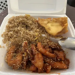 LC4. Sesame Chicken Lunch, fried rice and wonton. Worst lunch ever. Rubber rice and bread.