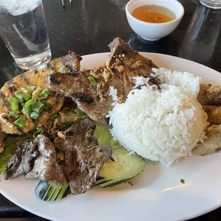 Combination Platter with rice, pork chop, chicken and beef