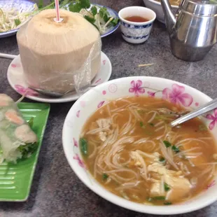 #11 Chicken Pho and #2 egg rolls. Fresh Thai Coconut. Hot Jasmine Tea.