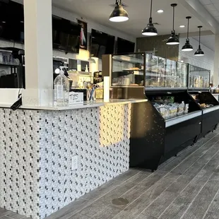 a restaurant with a counter