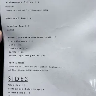 a menu for beverages