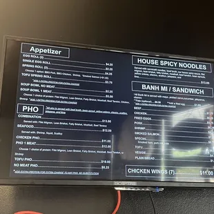 a menu on the wall