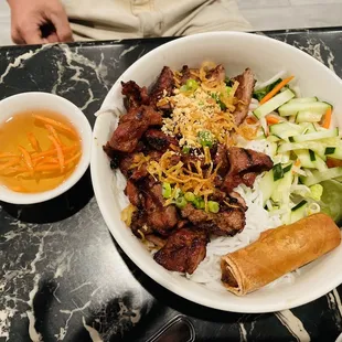 Vermicelli with fried roll and grill pork