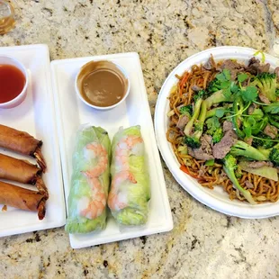 Tom Cuon Shack Shrimp, California Spring Rolls, and Shack Fried Noodles.