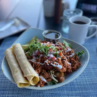 Delicious Chorizo Bowl Breakfast on the patio overlooking the pool.