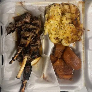 Lamb chops, macaroni and cheese, candied yams.