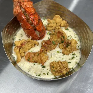 Fried Lobster Bites and Grits