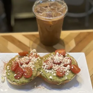 Avocado bagel and latte