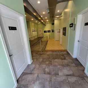Restrooms on the right and left.