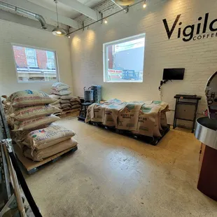 Large bags of coffee beans.