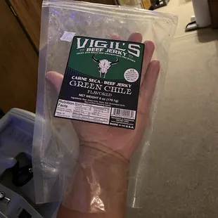 Open package of Vigil&apos;s Beef Jerky.