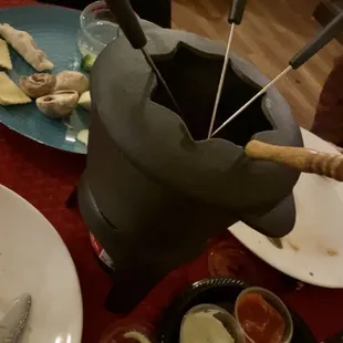 a table with food and drinks