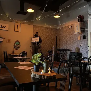 a table and chairs in a restaurant