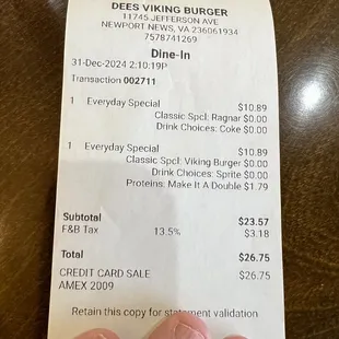 Our meal receipt.    Not bad at all for two folks and a really good meal.