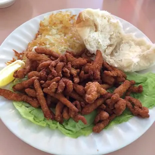 Fried clams with hash browns.