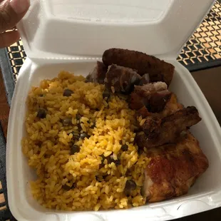 Super Combo1/2 chicken, rice beans, ribs and plantains.