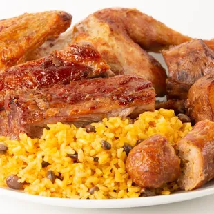 Super combo (Chicken, ribs, chicken sausage, rice and one side)