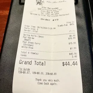 Bill for party of 2 - $44 before tip for 2 good sized shareable entrees, spring rolls (3) and extra rice. Good value. See my pics &amp; review.